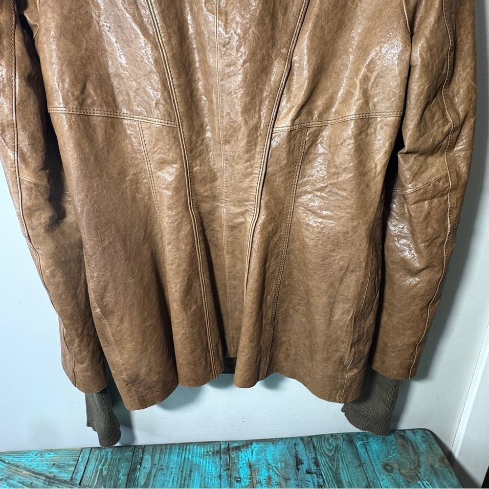 Y2K Danier Brown Leather Utility Jacket Snap Front Stand Collar Size Small - Picture 8 of 16